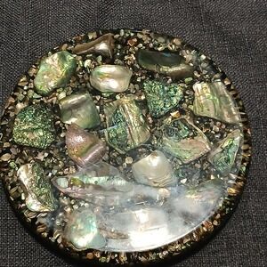 Vintage 1960's 8"‎ Round Lucite Trivet/Hot Plate  w/ Abalone Seashells In EUC